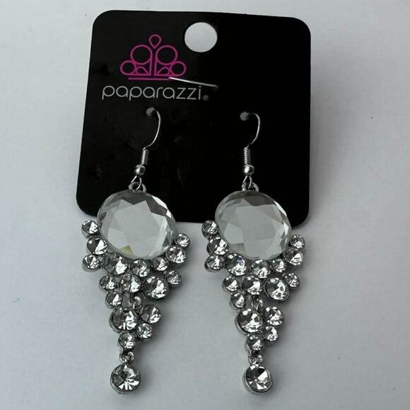 Paparazzi Silver Rhinestone Chandelier Earrings – Glam Crystal Dangle Jewerly - Picture 2 of 2